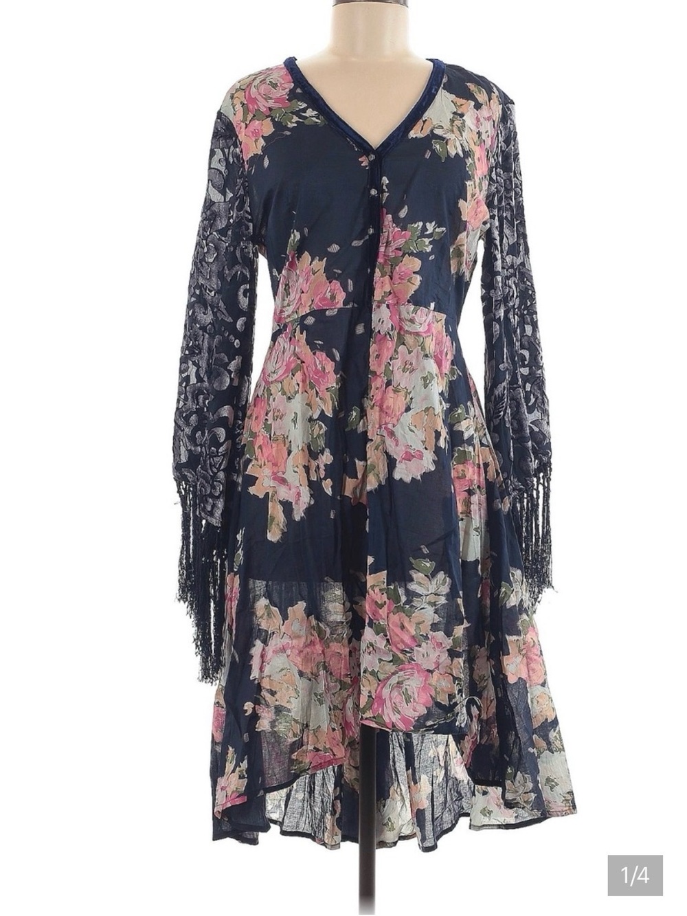 Anthropologie Dress Aratta Silent Journey Love Fringe sleeve navy floral blue M